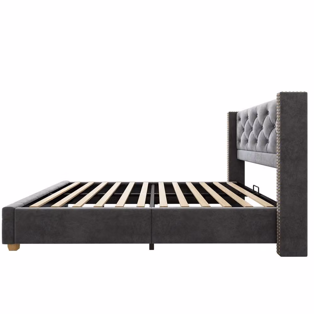 Merax Grey Velvet Upholstered Single Bed with Chesterfield Button Headboard W/D/H: 90 x 190 cm – 5