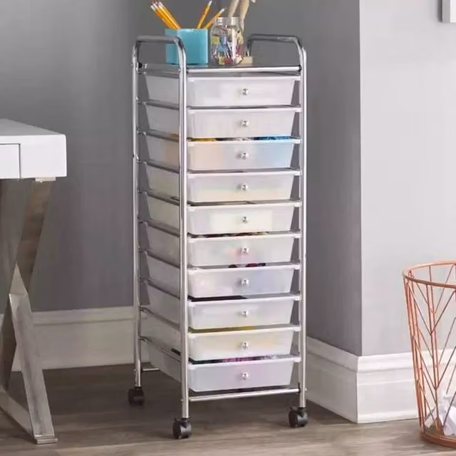 FLAVORA White 10 Drawer Metal Makeup Mobile Trolley with Castors – 1