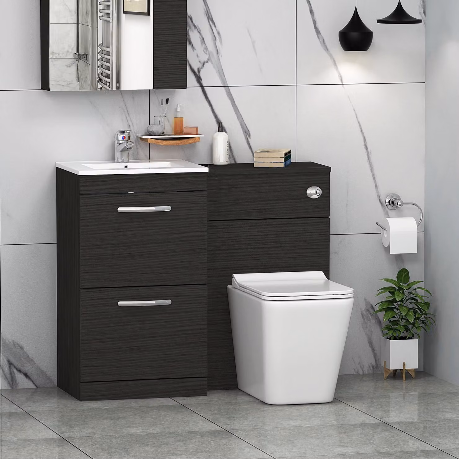 Royal Bathrooms Hale Black 1000mm 2 Drawer Furniture Pack with Minimalist Basin and Slim Elena Back to Wall Toilet