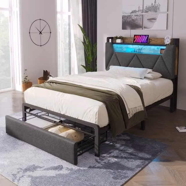 ModernLuxe Grey Upholstered Double Bed with Storage Drawers, Headboard and LEDs, W/D/H: 140 x 200 cm – 1