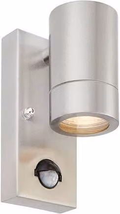 Netlighting Palin 1 Light Outdoor PIR Wall Light in Brushed Stainless Steel and Grey Glass, IP44, GU10