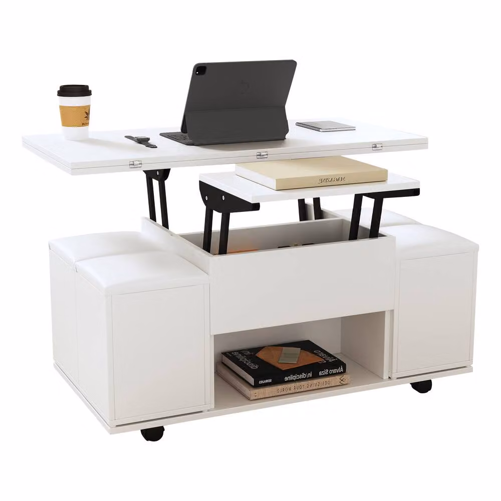 Merax White Modern Lift Top Coffee Table with 4 Hidden Stools and Storage Compartment – 2
