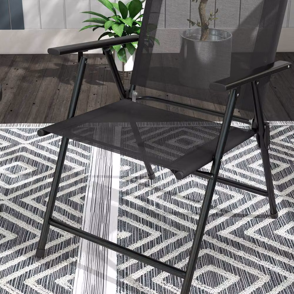 Wyld Haus Zivino 3 Piece Black Garden Seating Set with Round Glass Table and Foldable Mesh Chairs – 6