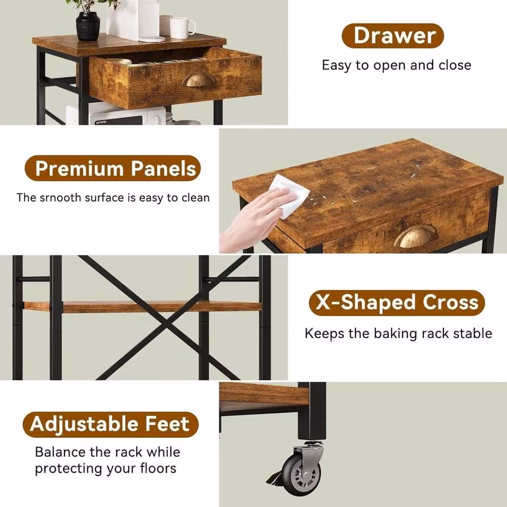 VOGREX Rustic Brown 3-Tier Rolling Bakers Rack and Microwave Stand with Drawers – 3