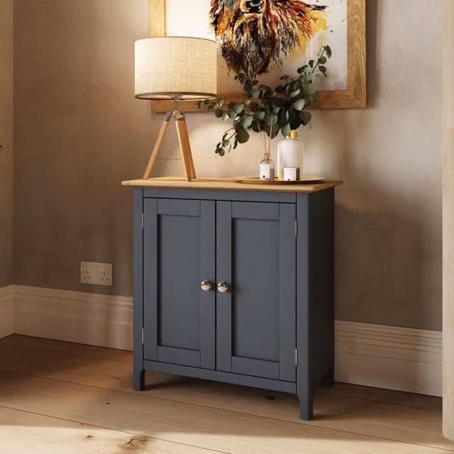 FWStyle Oak 2 Door Compact Sideboard with Metal Knobs in Graphite Blue