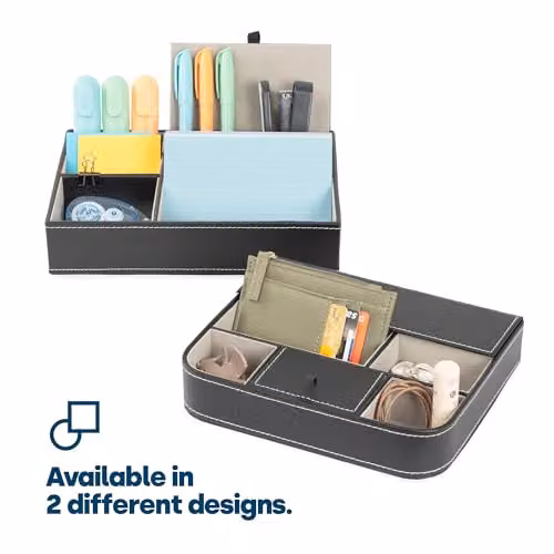 LIVIVO Deluxe 5 Compartment Valet Organiser Tray in Black Textured Faux Leather with Suede Lining and Hinged Lid – 11
