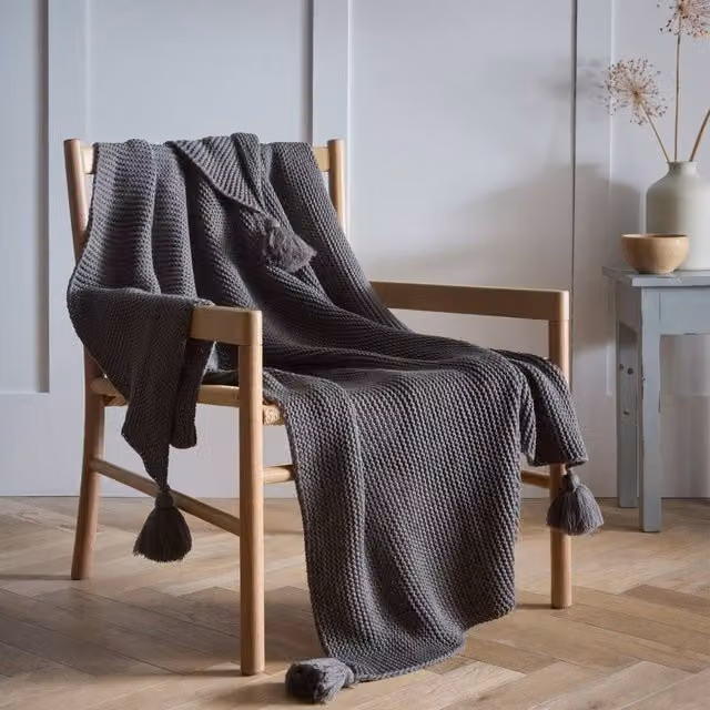 Portfolio Home Copenhagen Knitted Tassels Bed Throw Blanket in Grey, W: 127 cm x D: 152 cm