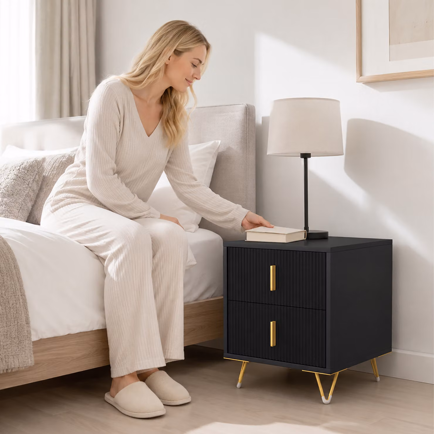 HOMCOM Elegant Fluted Bedside Table in Black and Gold-Tone with Drawers – 6