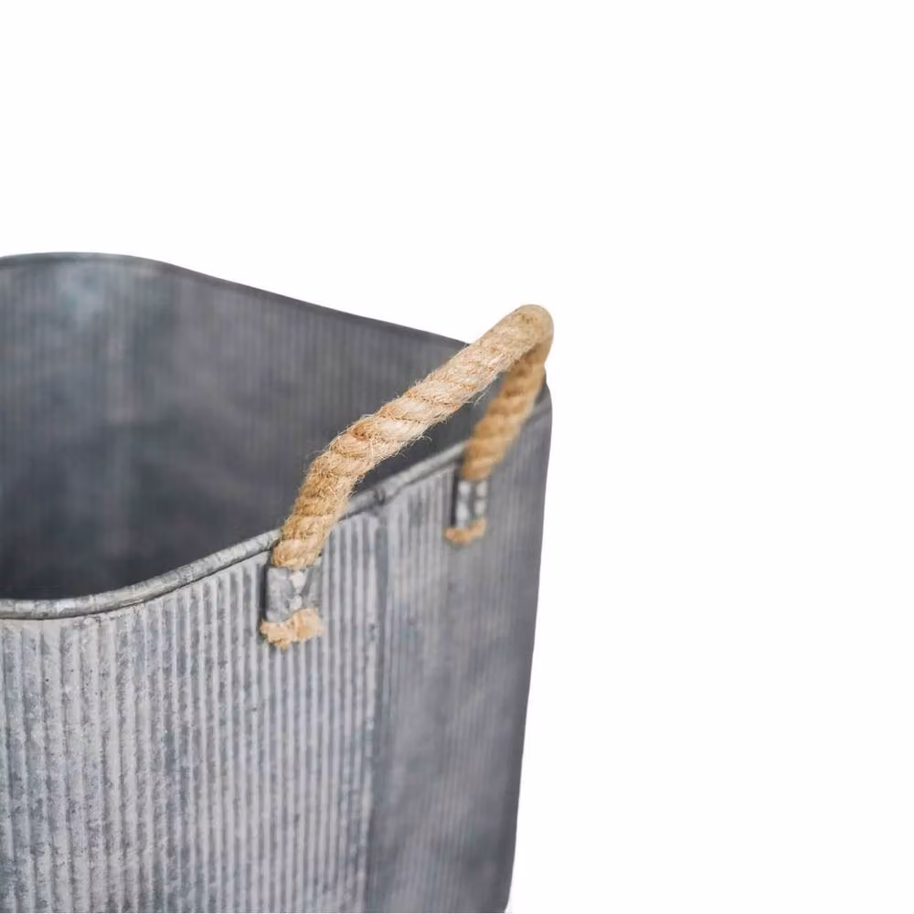 Lemon Pavilion Grey Galvanised Steel Square Rope Handle Outdoor Planter Tub Set of 2 – 3