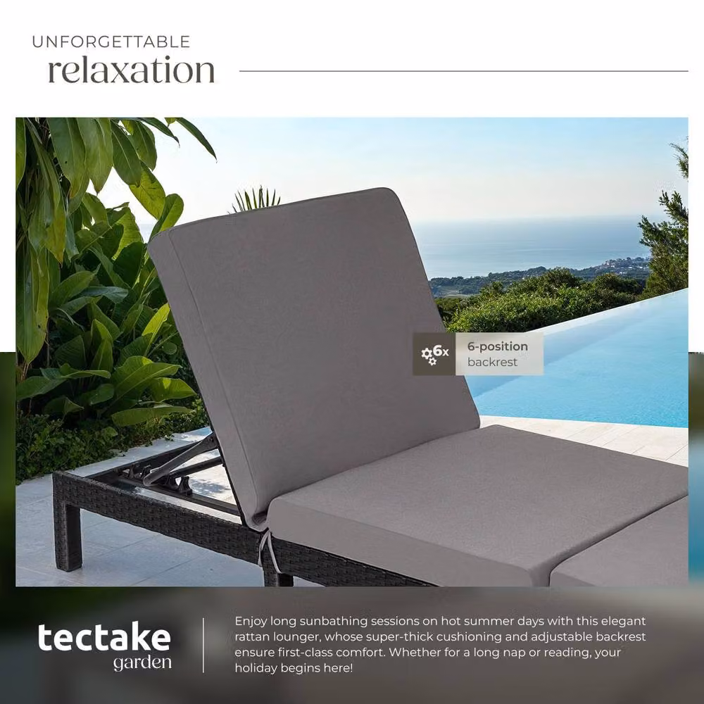 tectake Sofia Rattan Sun Lounger in Black and Grey with Weatherproof Cushions and Adjustable Headrest – 4