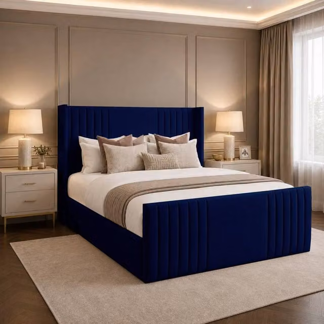 Desire Deco Carolyn Wingback Upholstered Panel Bed Frame in Blue, Super King, 200 x 200 cm