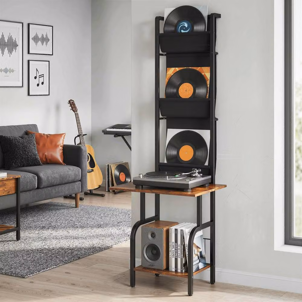 STILVORA Industrial Record Player Stand with Media Compartments and Shelves, Black, W/D/H: 76 x 48.5 x 144 cm – 9
