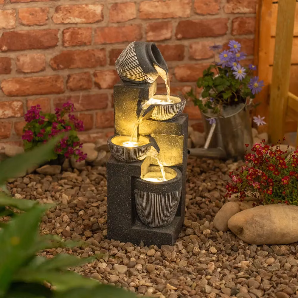 ValueLights Solar Powered Cascading Water Feature Fountain with Warm White LED Light, Grey Wood Design, W/D/H: 49.5 x 19.0 x 18.0 cm – 3