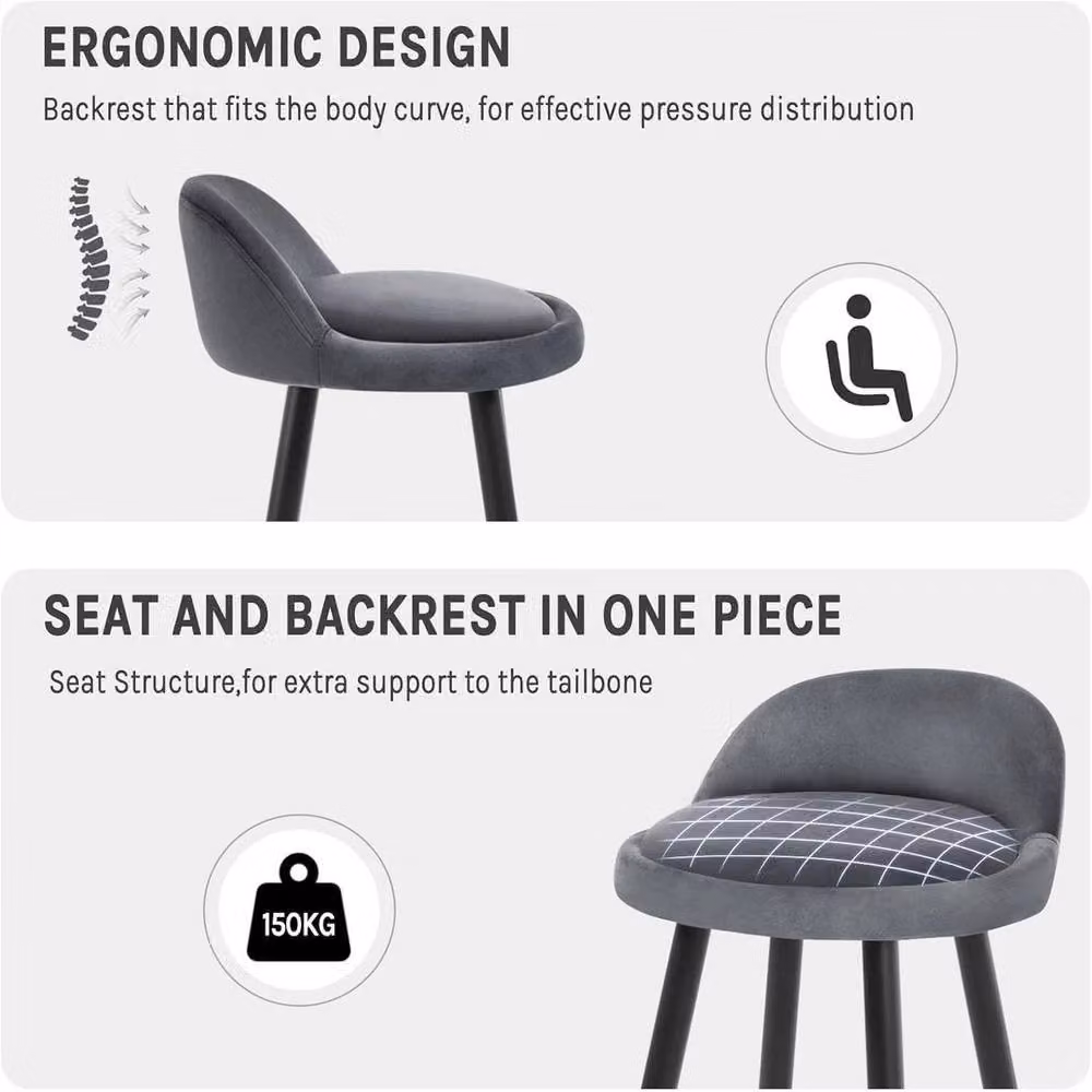 FLAVORA Set of 2 Grey Velvet Tall Bar Stools with Backrest and Metal Frame – 2