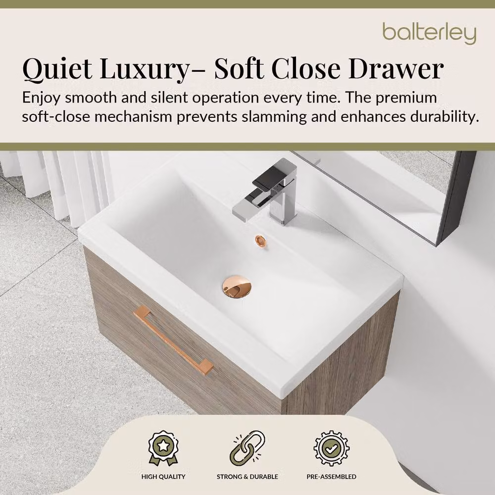 Balterley Mid Oak Wall Hung 1 Drawer Vanity Basin Unit with Copper Handle in Brown – 3