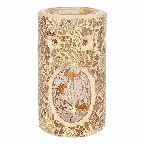 Something Different Gold Glass Crackle Effect Oil Burner and Tealight Lamp, H 14.5 cm x W 8 cm x D 8 cm