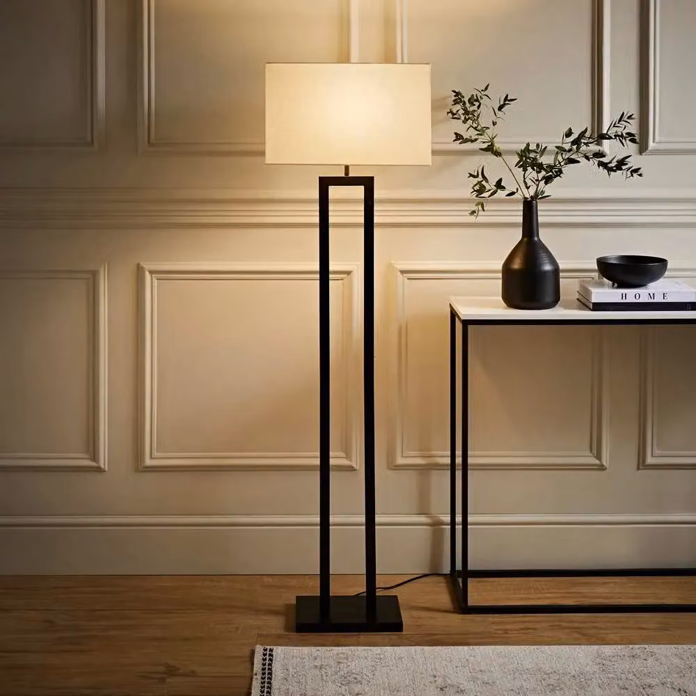 ValueLights Gloria Double Stem Metal Floor Lamp with Rectangular Fabric Shade and LED Bulb in Black – 2