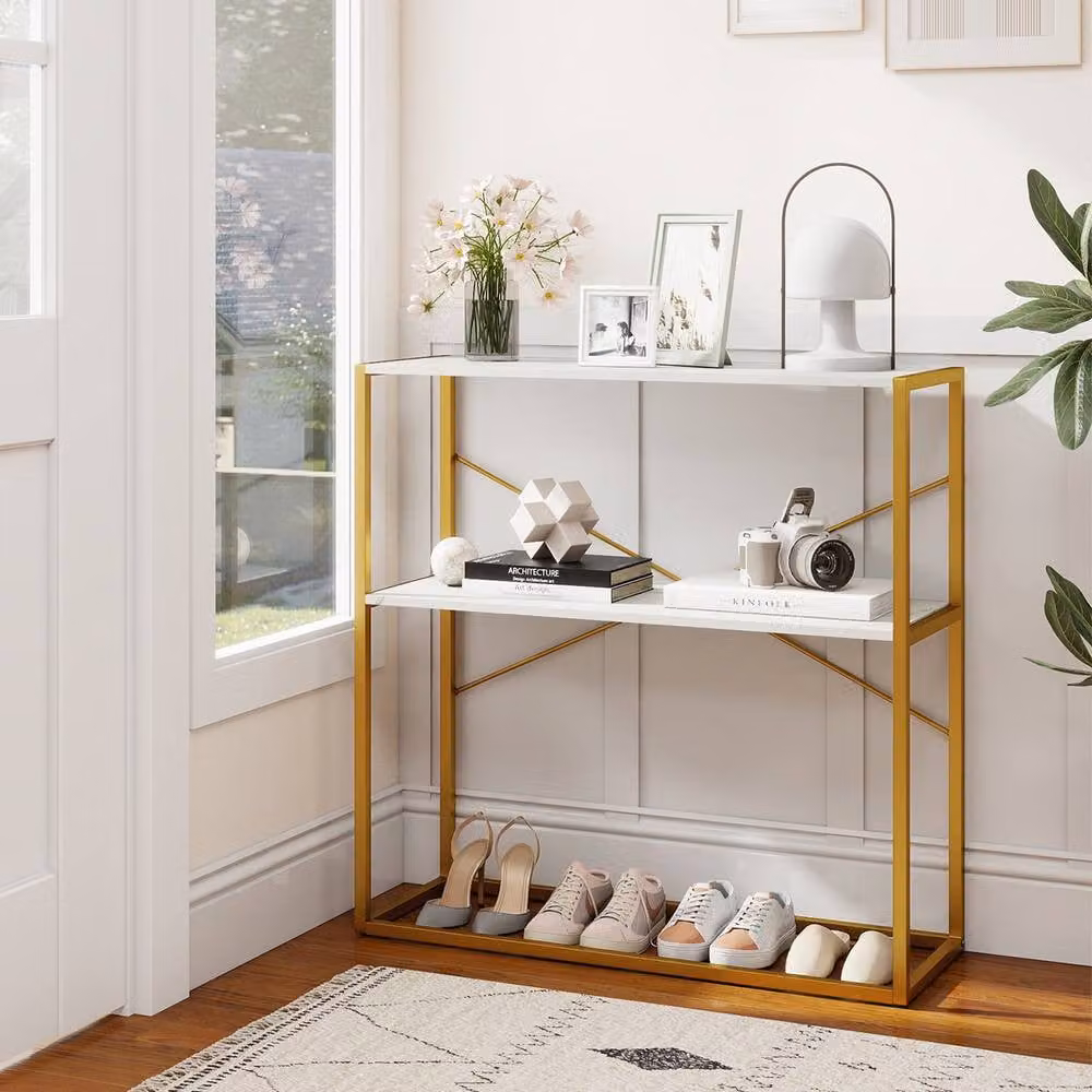 Gymax 2-Tier Modern Entryway Console Table with Marble Textured Open Shelves in White – 3