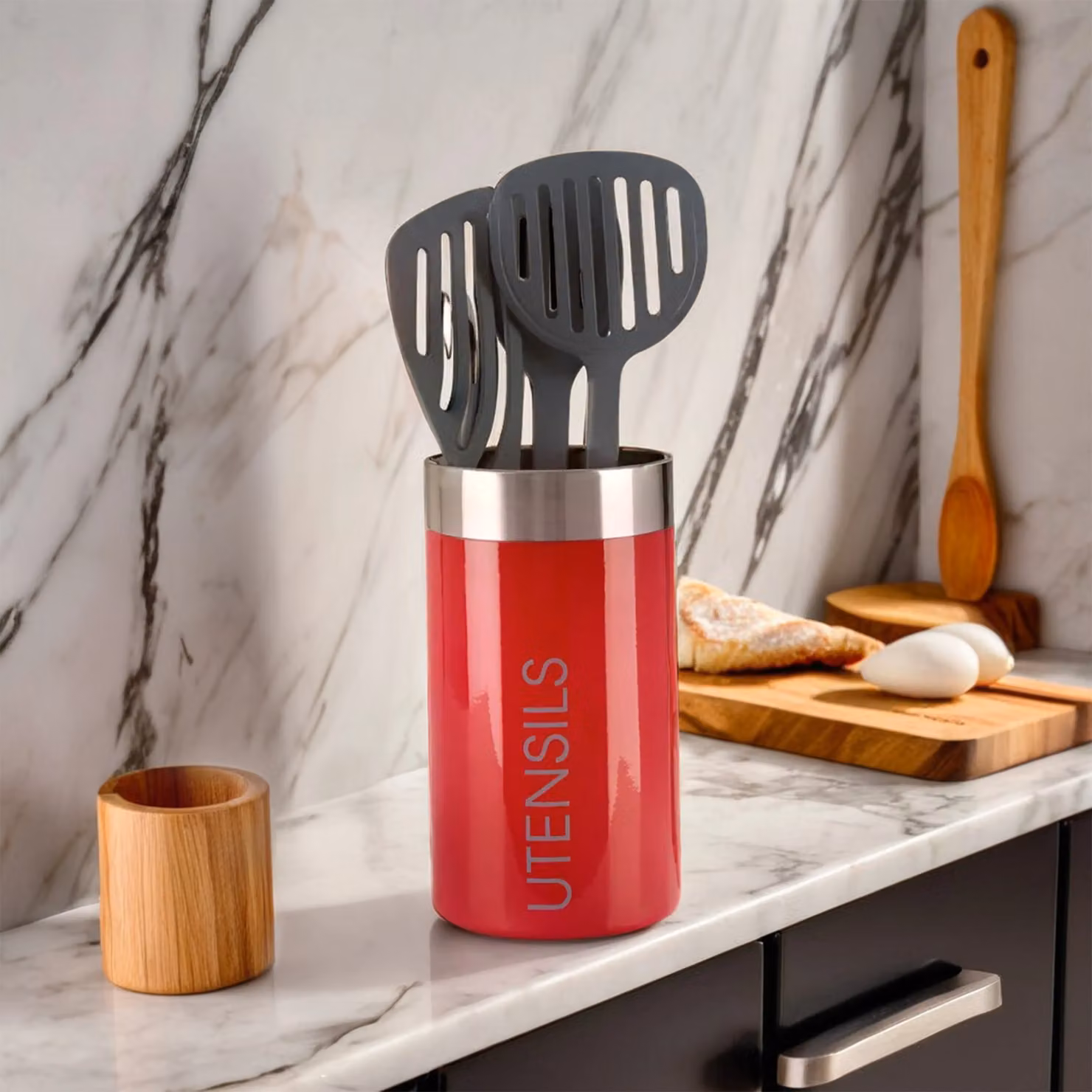 Premier Housewares Red Stainless Steel Freestanding Utensil Holder H18 x W10 x D10 cm – 4