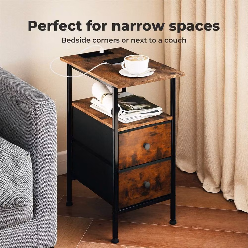 Nordara Industrial Bedside Table and Side Cabinet in Brown and Multicolour Wood and Metal – 4