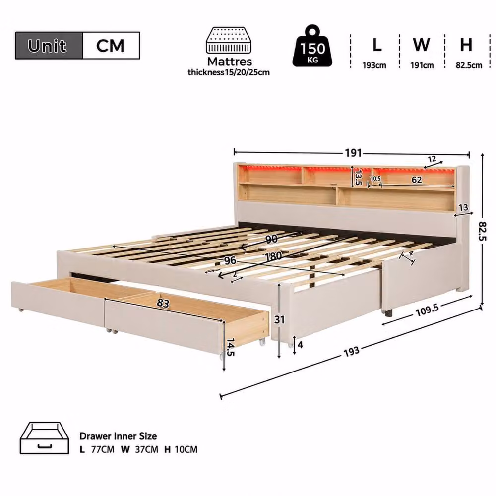 ModernLuxe Beige Velvet Upholstered Daybed with Pull Out Guest Bed, LED Storage Headboard and 2 Drawers, W/D/H: 191 x 90 x 82.5 cm – 4