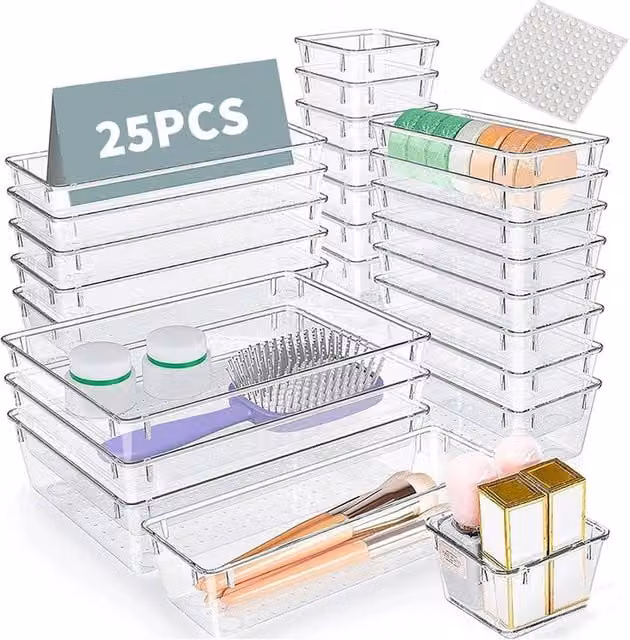 EONLION 25-Piece Clear Acrylic Drawer Organiser Set with Dividers for Kitchen, Bathroom and Desk Storage, Width: 50 cm