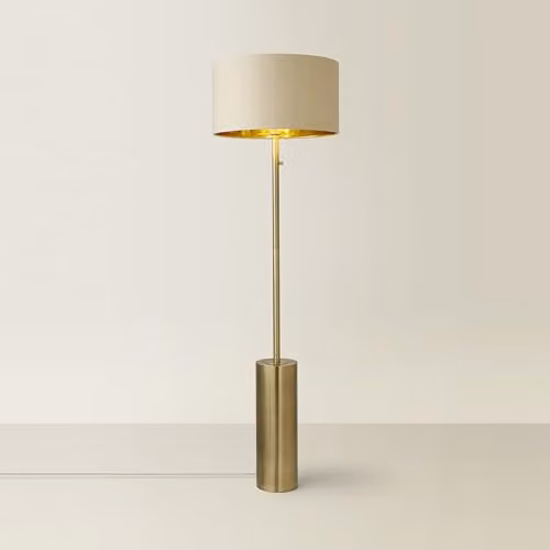 ValueLights Antique Brass Single Stem Rotary Dimmer Switch Floor Lamp with Beige and Gold Fabric Shade