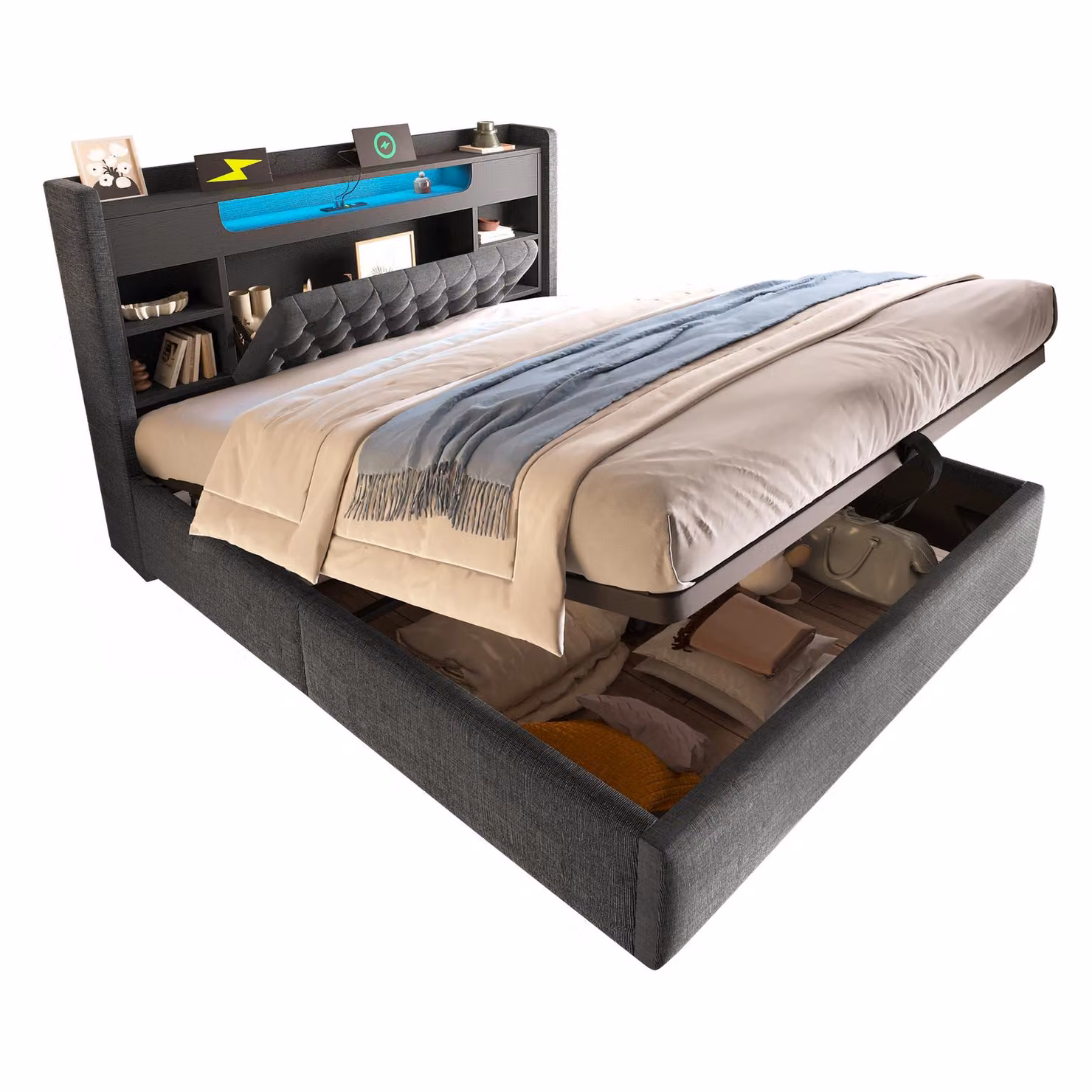 Aosom UK Super King Upholstered Bed with Hydraulic Storage and LED Lighting, Grey, H 115 x W 188 x D 223 cm – 2