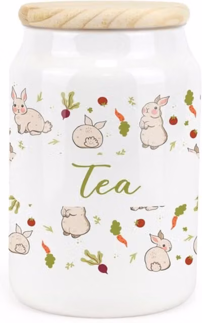 Purely Home Allotment Rabbits Floral Ceramic Tea Storage Canister in Green and White