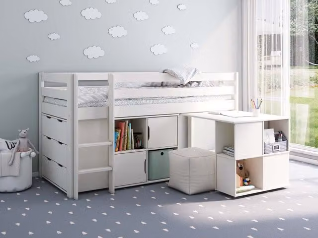 Noomi Nora Solid Wood Mid Sleeper Bed Frame and Chest of Drawers Set in White