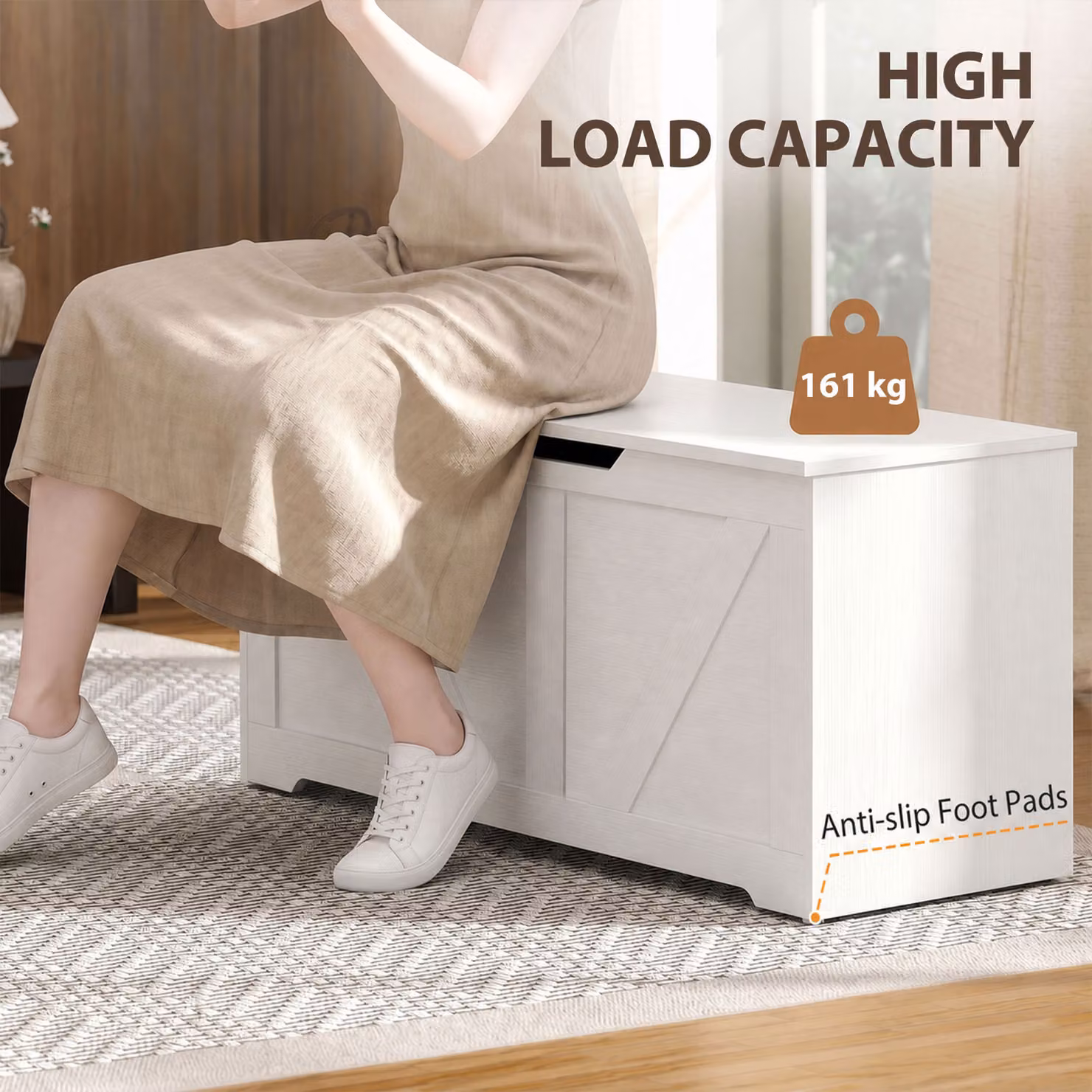 HOMCOM 127L Home Storage Box with Soft-Close Lid in White Wood-Effect, W/D/H: 100 x 45 x 136 cm – 2