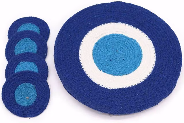 KDMD Set of Blue Evil Eye Jute Rope Coasters and Placemats