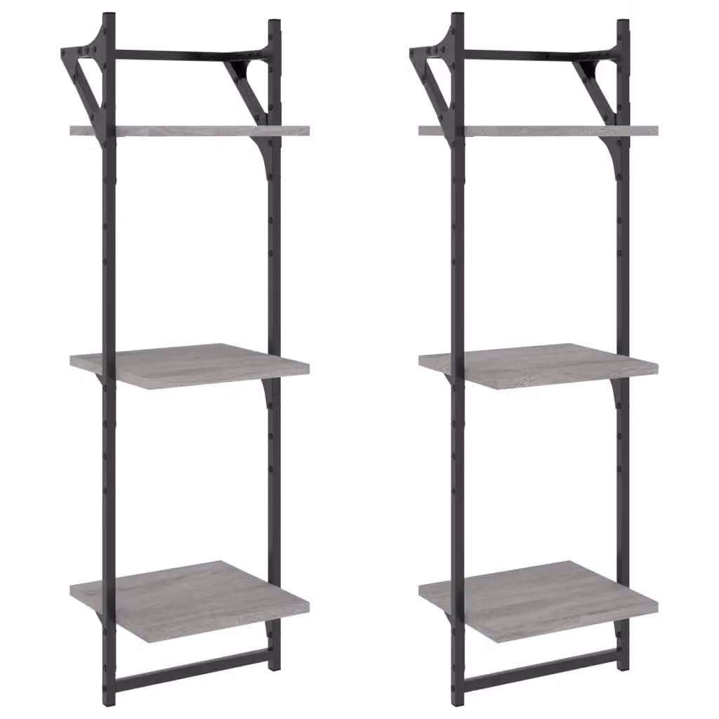 Berkfield Home 3-Tier Wall Mounted Shelves with Hanging Rods, 2 Pack, Grey Sonoma, W/D/H: 30 x 25 x 100 cm – 2