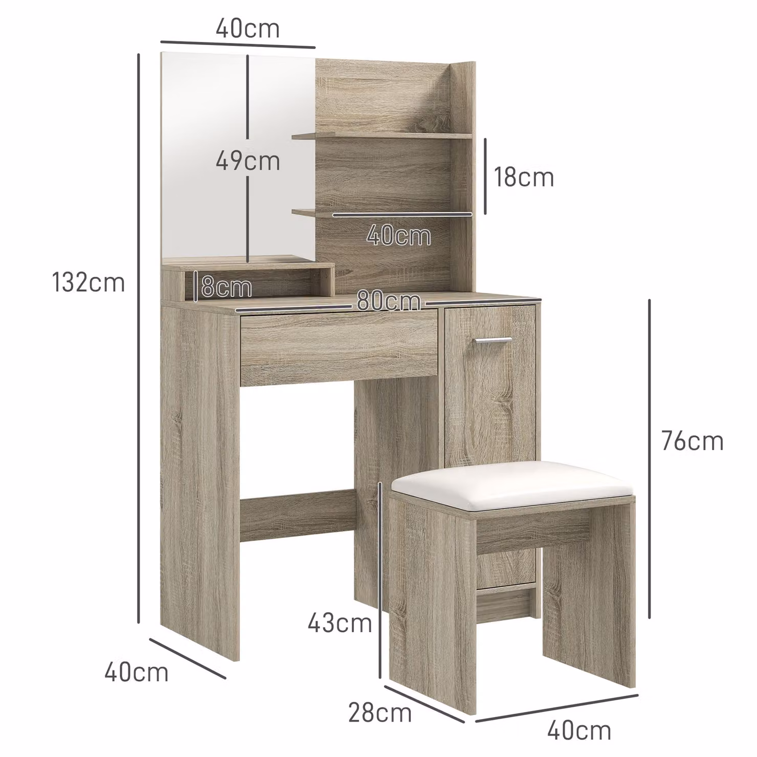 HOMCOM Dressing Table and Stool Set with Storage in Brown Wood Finish, W/D/H: 136 x 80 x 132 cm – 3