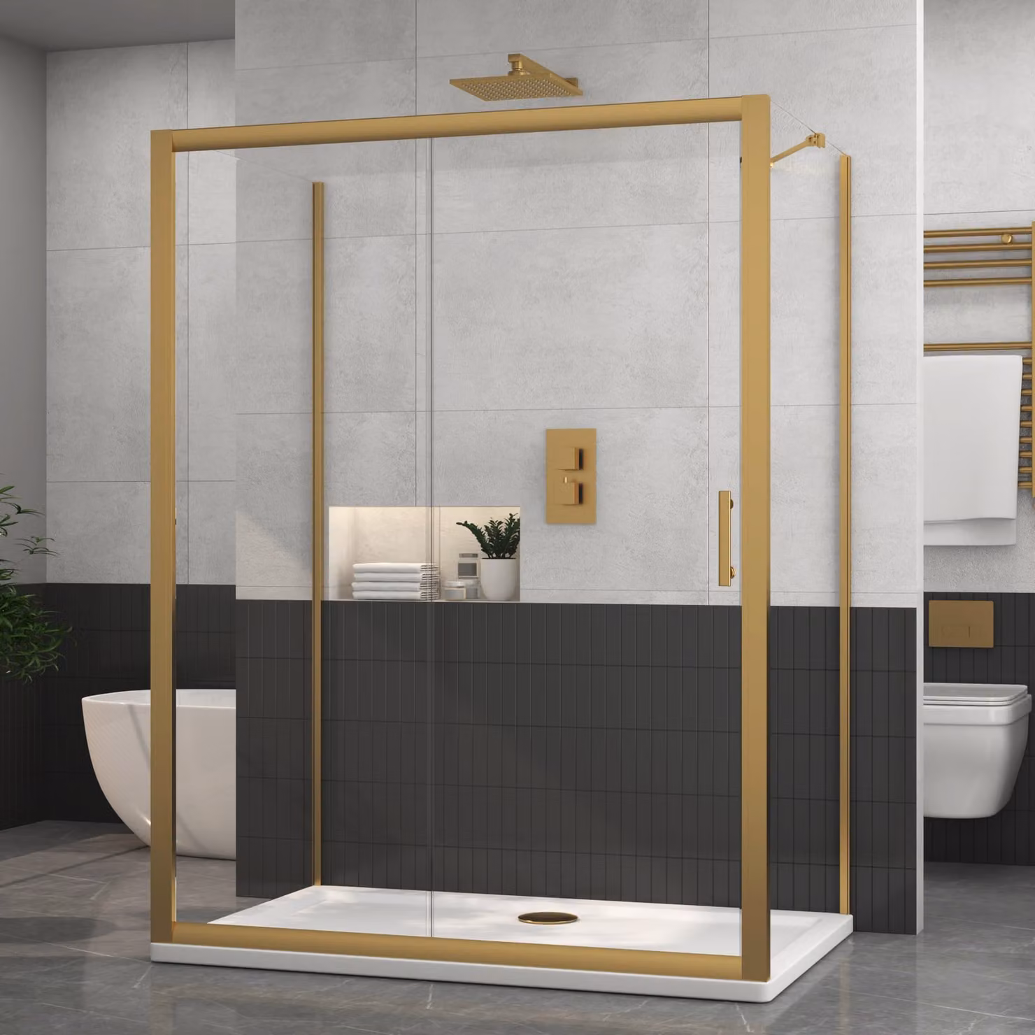 Royal Bathrooms Venice 3-Sided Rectangular Sliding Door Shower Enclosure with 6mm Glass, Gold/Brushed Brass, W: 140 cm, D: 80 cm