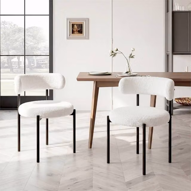 NESTLUNE Set of 2 Modern Beige Velvet and Bouclé Upholstered Curved Dining Chairs
