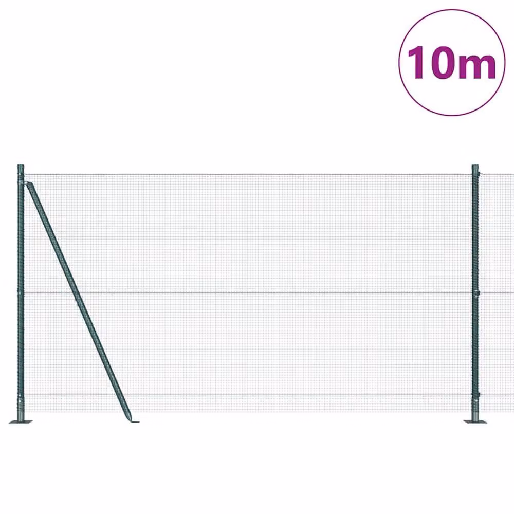 Berkfield Home Green Powder-Coated Steel Welded Wire Fence with 7 Flanged Round Surface-Mounted Posts, W: 10 m, H: 2 m – 3