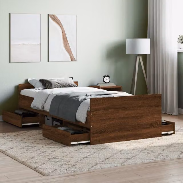 Berkfield Home Bed Frame with Headboard and Footboard in Brown Oak, W/D/H: 100 x 200 cm – 1