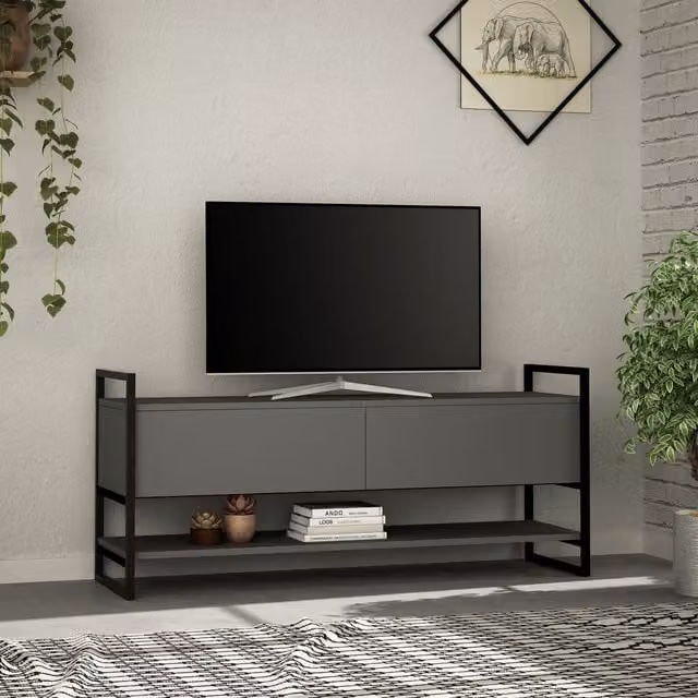 Metola Industrial Metal TV Stand in Matt Anthracite Grey and Black