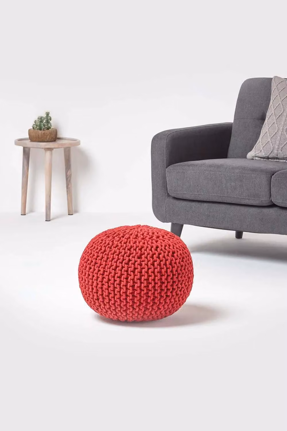 Homescapes Red Round Cotton Knitted Pouffe Footstool – 2