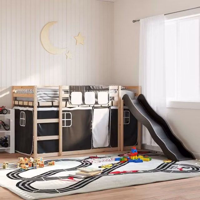 Berkfield Home Childrens Bunk Bed with Slide in White and Black, Solid Pine Wood, W/D/H: 80 x 200 cm