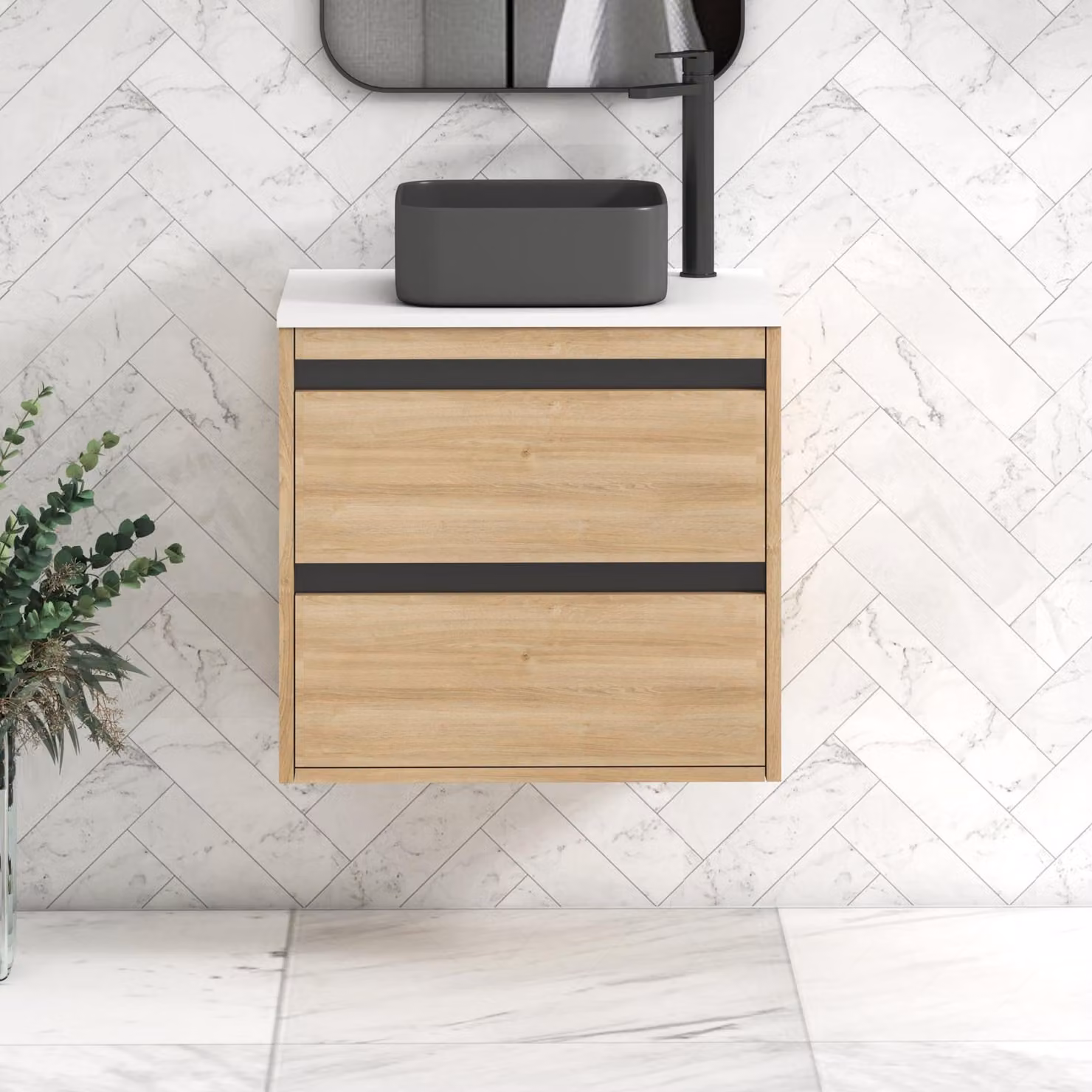 Royal Bathrooms Orion 600mm Natural Oak Wall Hung Vanity Unit with 2 Drawers, White Countertop and Art Square Basin with Black Accent Trim