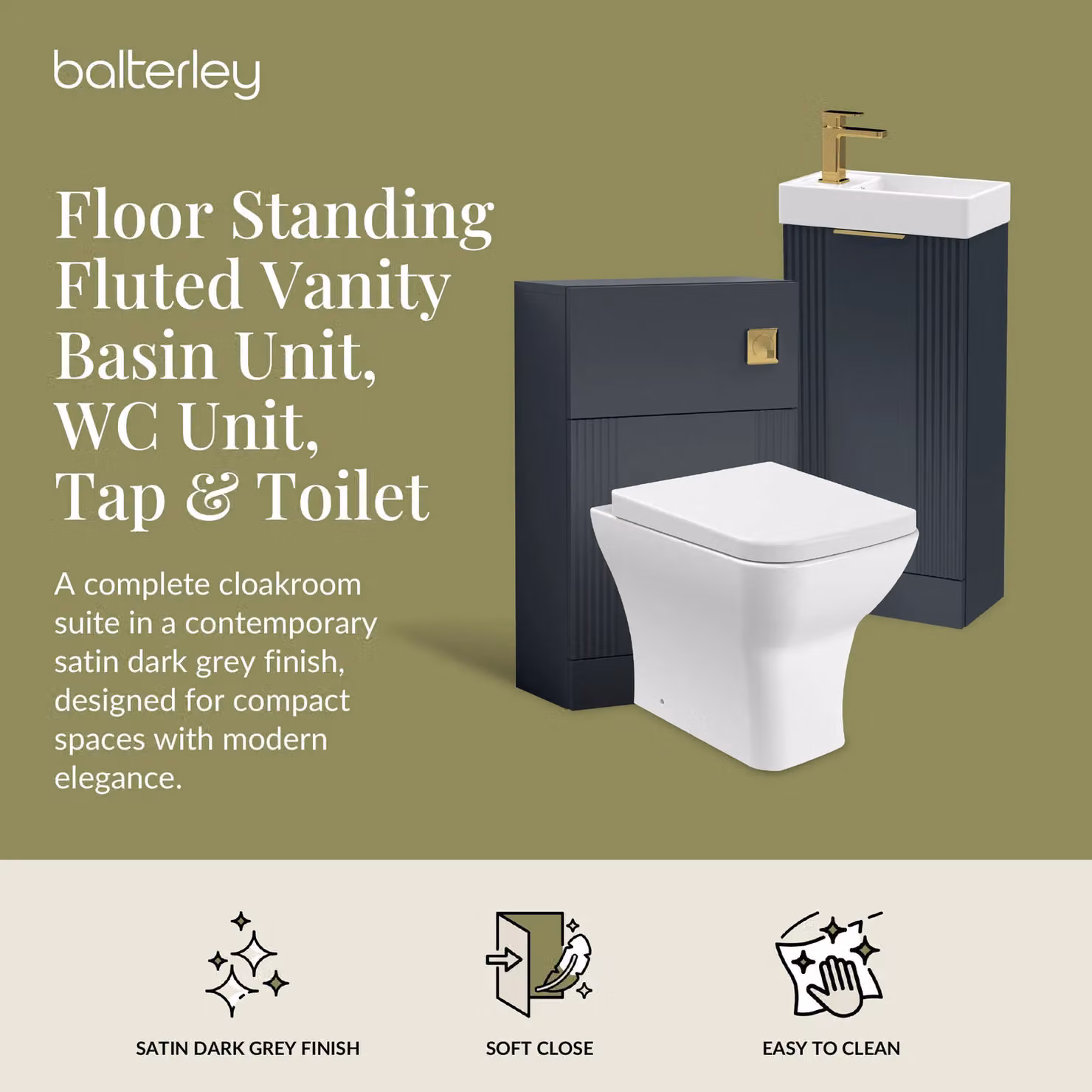 Balterley Modern Wall Mounted Cloakroom Suite with Vanity Unit, Tap and Toilet in Matt Dark Grey and Brass – 2