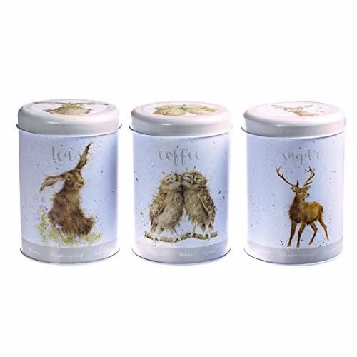 Wrendale Designs by Hannah Dale Multicoloured Airtight Metal and Enamel Tea, Coffee and Sugar Canister Set