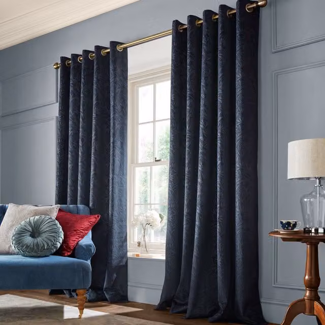 Laura Ashley Midnight Blue Velvet Floral Eyelet Curtains