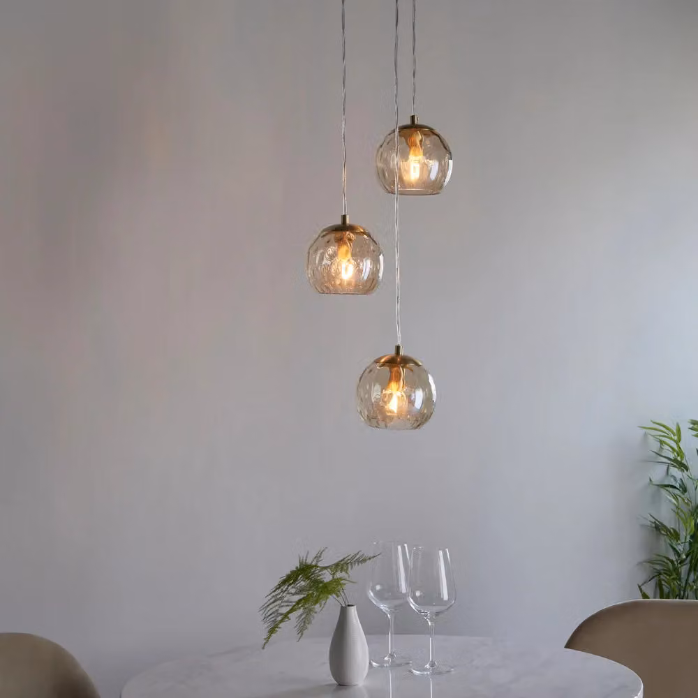 Loops 3 Light Ceiling Pendant Fitting in Satin Brass with Clear Dimpled Glass Shades – 2