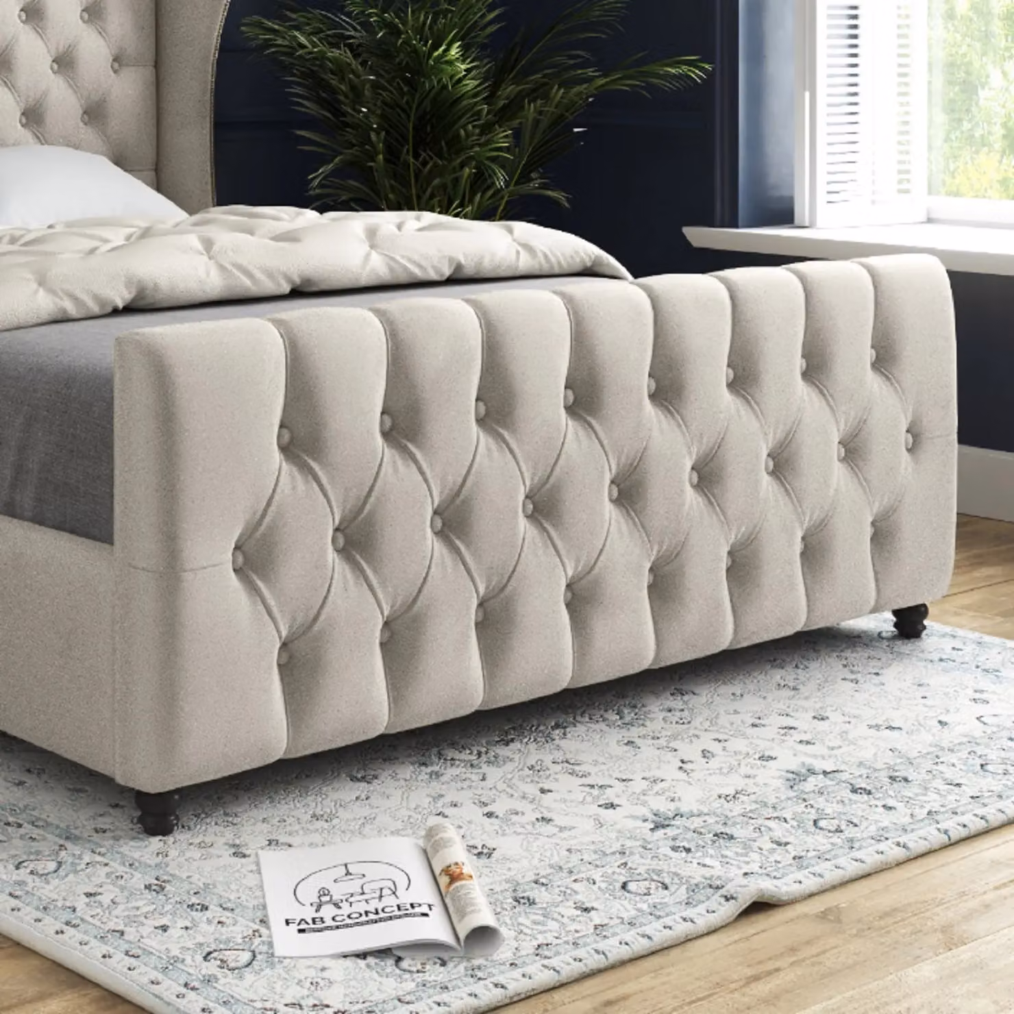 Casani Chesterfield Upholstered Velvet Bed Frame in Beige, W/D/H: 200 x 137 x 189 cm – 4