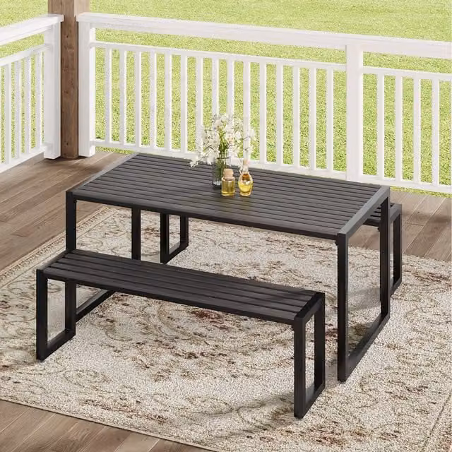 Komore Modern Black Composite and Metal Outdoor Dining Table and Bench Set