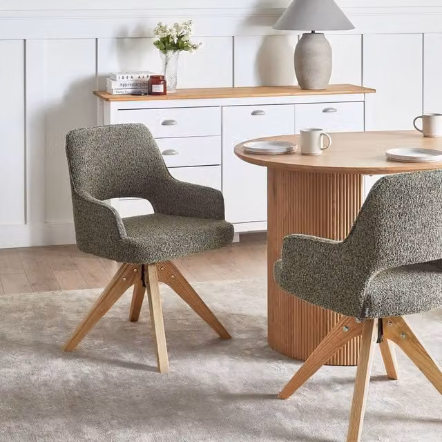 Wyld and Coco Nordic Nest Swivel Dining Chair in Green Bouclé with Oak Legs