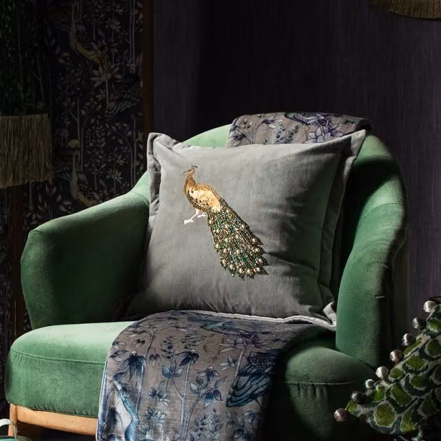 Voyage Maison Mayura Feather Filled Velvet Cushion with Peacock Design in Grey and Blue, W/D/H: 55 x 55 x 55 cm
